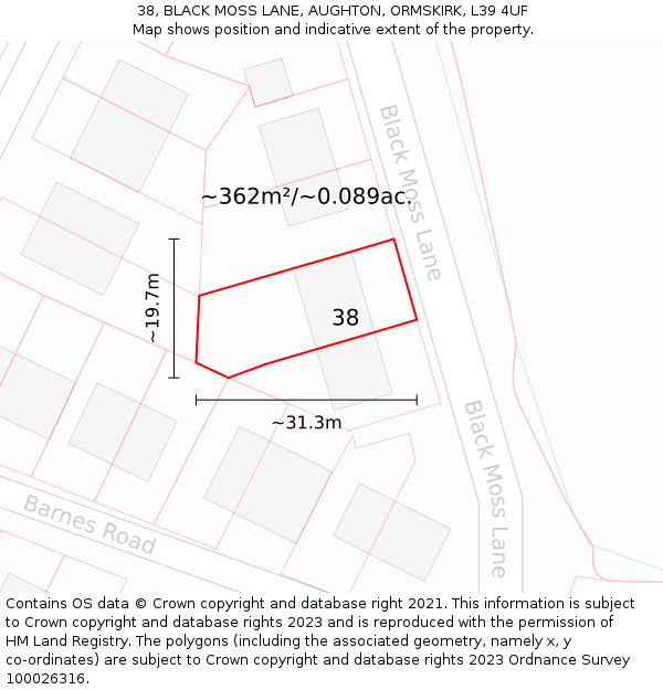 38, BLACK MOSS LANE, AUGHTON, ORMSKIRK, L39 4UF: Plot and title map