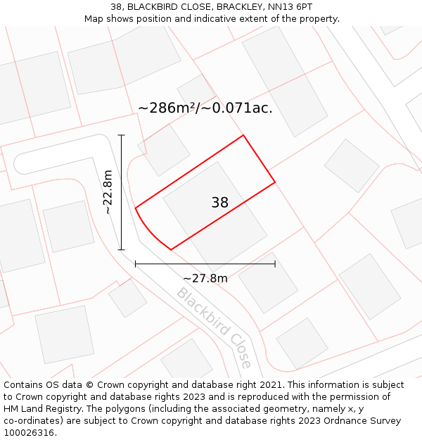 38, BLACKBIRD CLOSE, BRACKLEY, NN13 6PT: Plot and title map