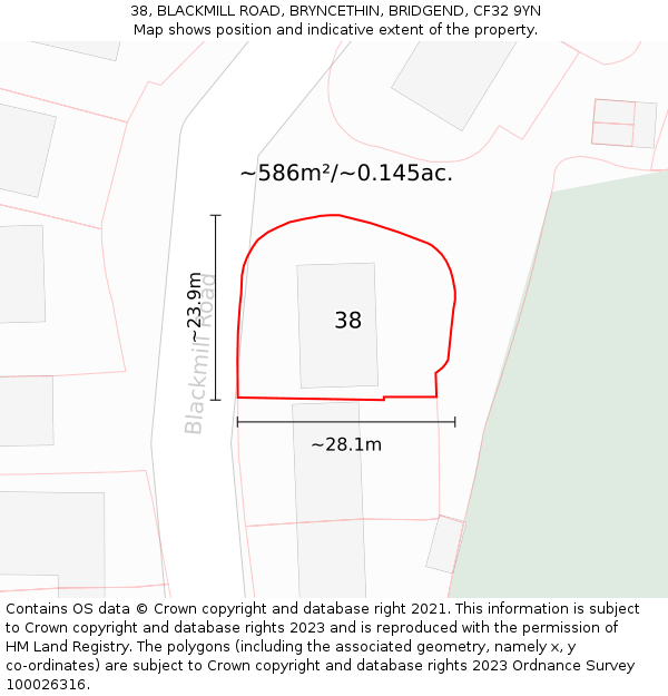 38, BLACKMILL ROAD, BRYNCETHIN, BRIDGEND, CF32 9YN: Plot and title map