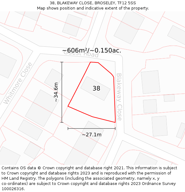 38, BLAKEWAY CLOSE, BROSELEY, TF12 5SS: Plot and title map