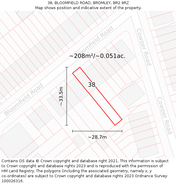 38, BLOOMFIELD ROAD, BROMLEY, BR2 9RZ: Plot and title map