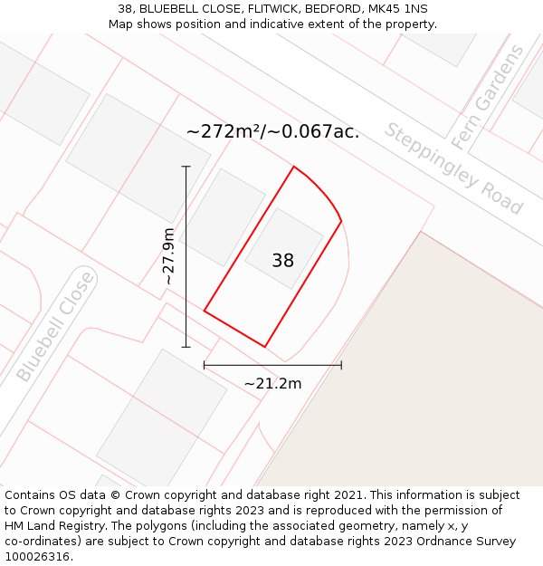38, BLUEBELL CLOSE, FLITWICK, BEDFORD, MK45 1NS: Plot and title map