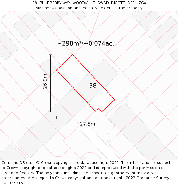 38, BLUEBERRY WAY, WOODVILLE, SWADLINCOTE, DE11 7GX: Plot and title map