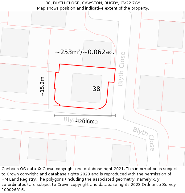 38, BLYTH CLOSE, CAWSTON, RUGBY, CV22 7GY: Plot and title map