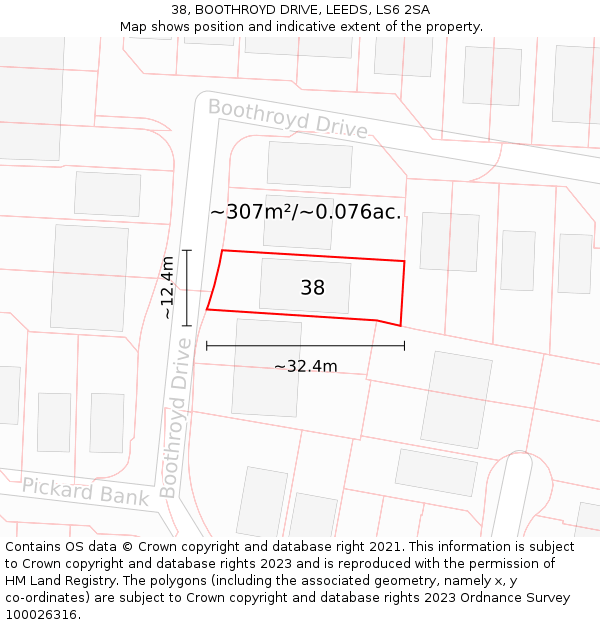 38, BOOTHROYD DRIVE, LEEDS, LS6 2SA: Plot and title map