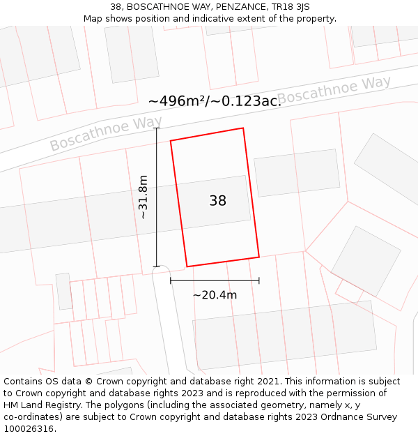 38, BOSCATHNOE WAY, PENZANCE, TR18 3JS: Plot and title map