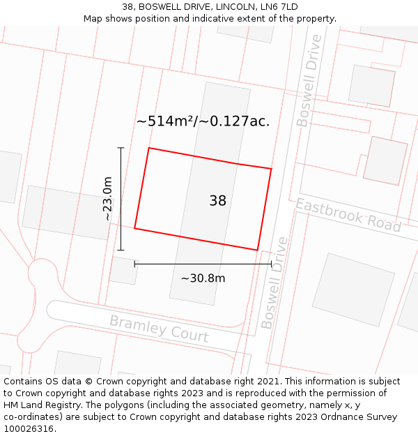 38, BOSWELL DRIVE, LINCOLN, LN6 7LD: Plot and title map