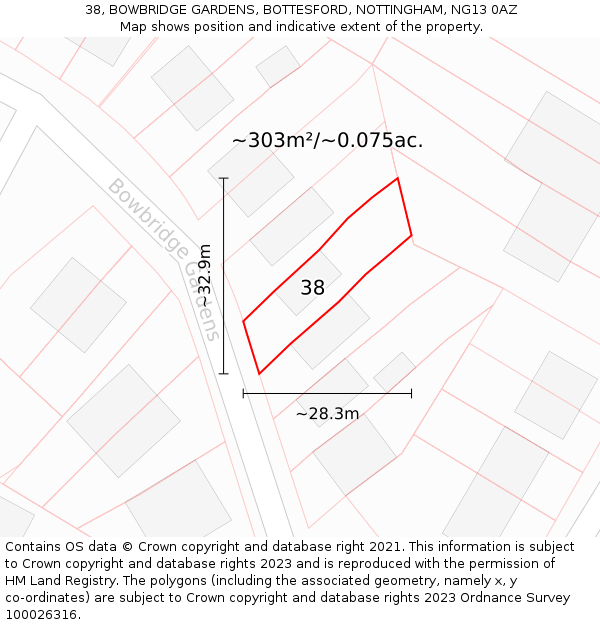 38, BOWBRIDGE GARDENS, BOTTESFORD, NOTTINGHAM, NG13 0AZ: Plot and title map