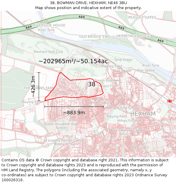 38, BOWMAN DRIVE, HEXHAM, NE46 3BU: Plot and title map