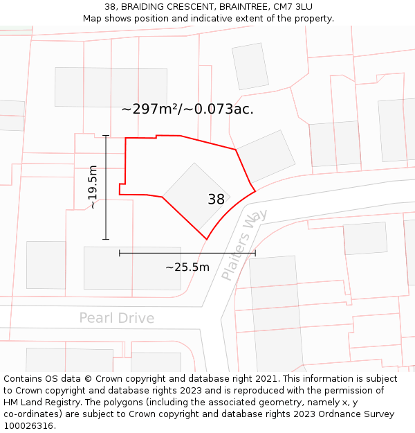 38, BRAIDING CRESCENT, BRAINTREE, CM7 3LU: Plot and title map