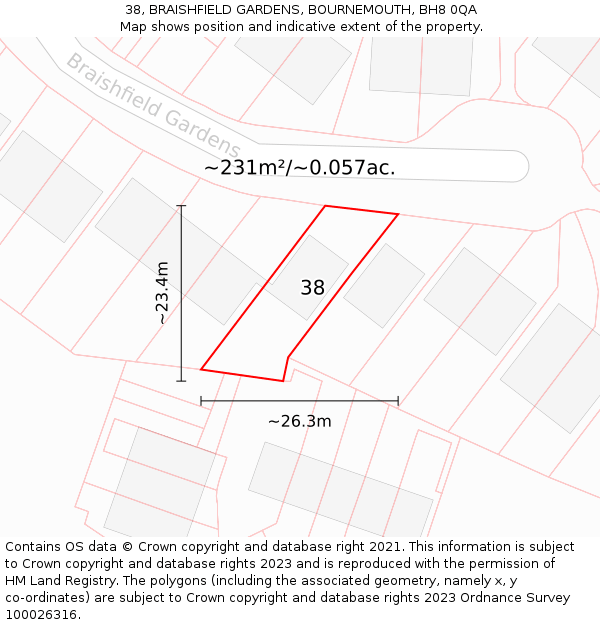 38, BRAISHFIELD GARDENS, BOURNEMOUTH, BH8 0QA: Plot and title map