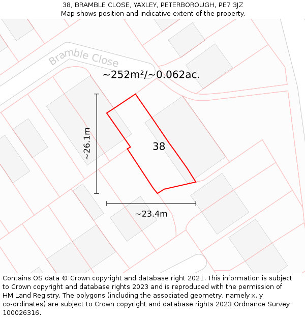 38, BRAMBLE CLOSE, YAXLEY, PETERBOROUGH, PE7 3JZ: Plot and title map