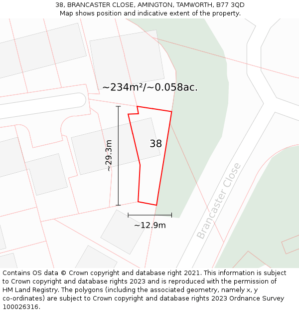 38, BRANCASTER CLOSE, AMINGTON, TAMWORTH, B77 3QD: Plot and title map