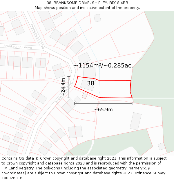 38, BRANKSOME DRIVE, SHIPLEY, BD18 4BB: Plot and title map