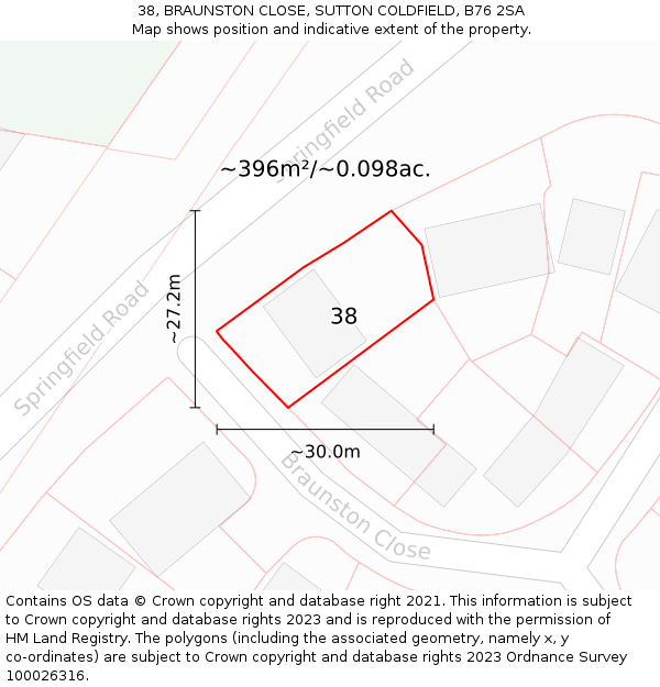 38, BRAUNSTON CLOSE, SUTTON COLDFIELD, B76 2SA: Plot and title map