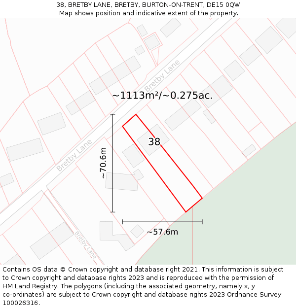 38, BRETBY LANE, BRETBY, BURTON-ON-TRENT, DE15 0QW: Plot and title map