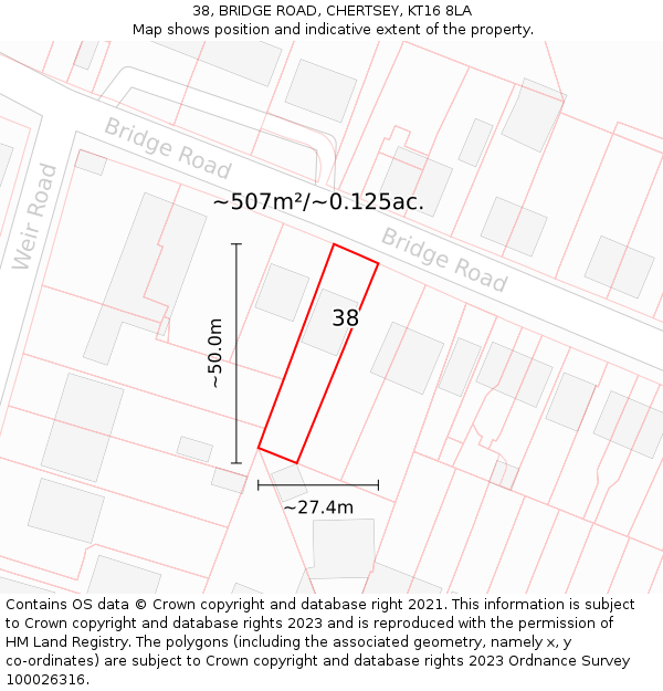 38, BRIDGE ROAD, CHERTSEY, KT16 8LA: Plot and title map