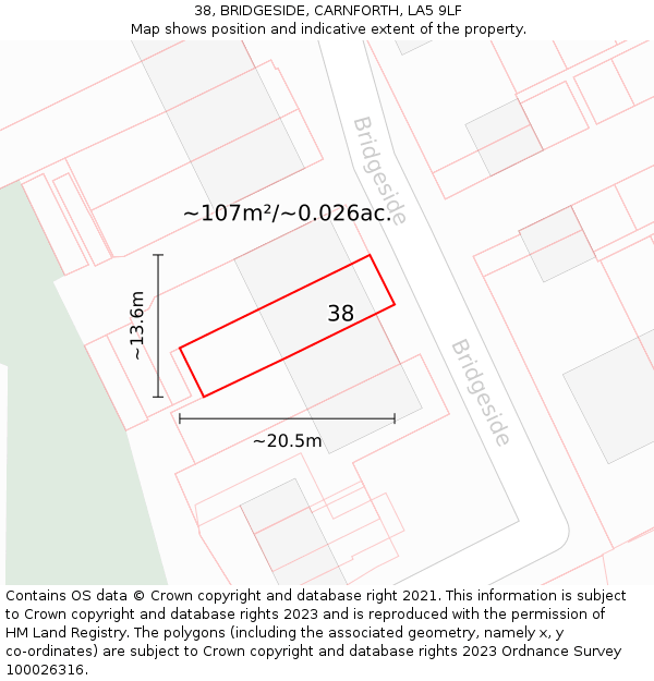 38, BRIDGESIDE, CARNFORTH, LA5 9LF: Plot and title map