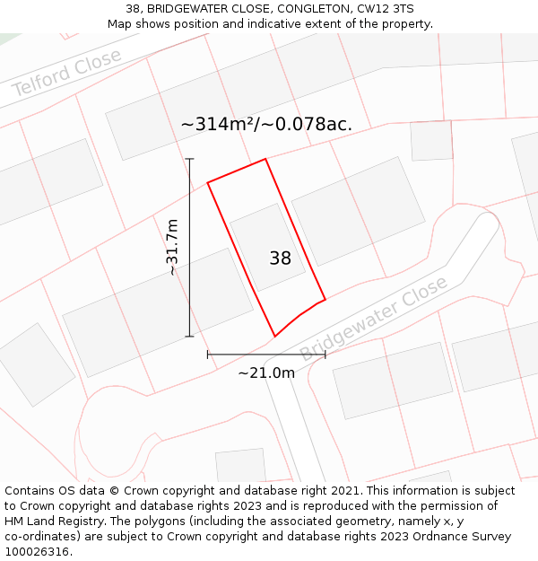 38, BRIDGEWATER CLOSE, CONGLETON, CW12 3TS: Plot and title map
