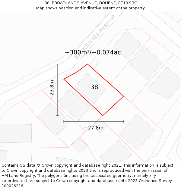 38, BROADLANDS AVENUE, BOURNE, PE10 9BG: Plot and title map