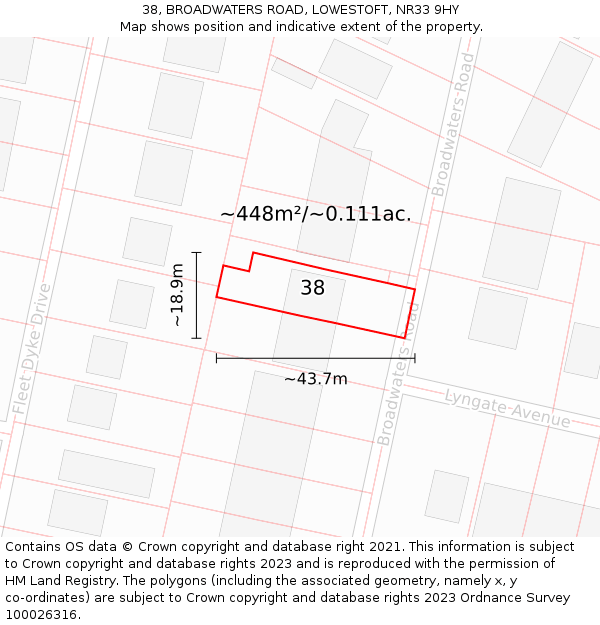 38, BROADWATERS ROAD, LOWESTOFT, NR33 9HY: Plot and title map