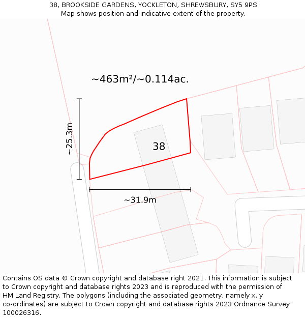 38, BROOKSIDE GARDENS, YOCKLETON, SHREWSBURY, SY5 9PS: Plot and title map