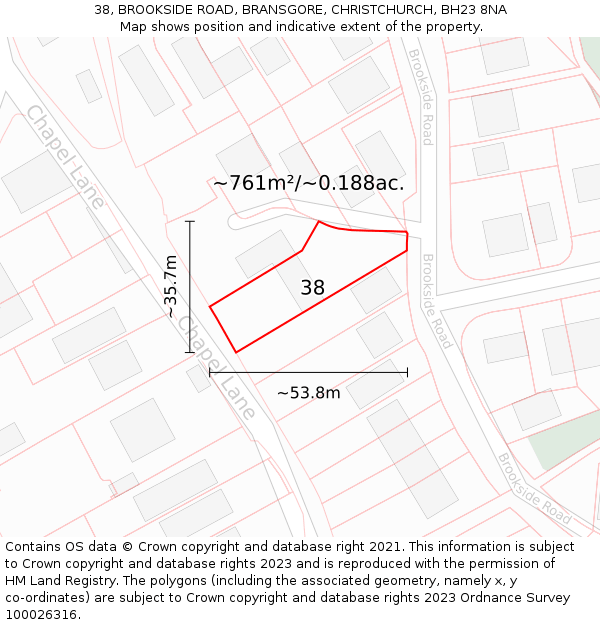 38, BROOKSIDE ROAD, BRANSGORE, CHRISTCHURCH, BH23 8NA: Plot and title map