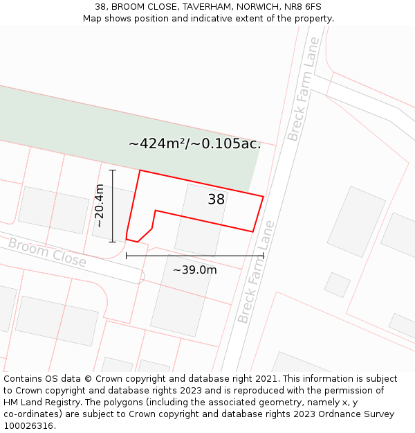 38, BROOM CLOSE, TAVERHAM, NORWICH, NR8 6FS: Plot and title map