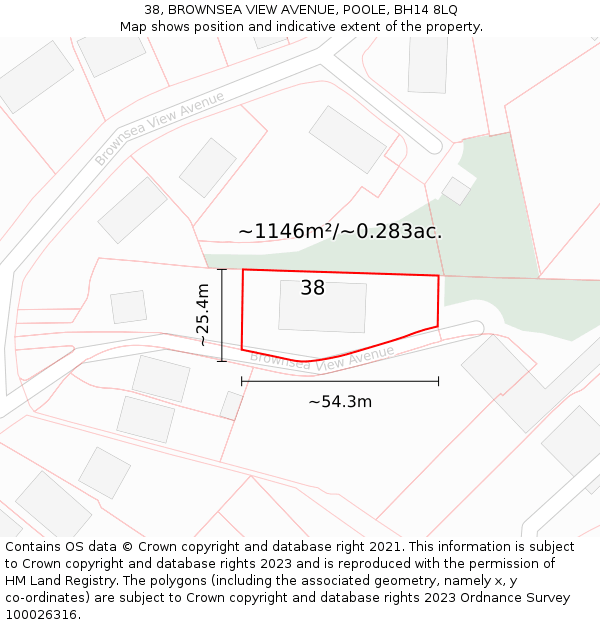 38, BROWNSEA VIEW AVENUE, POOLE, BH14 8LQ: Plot and title map