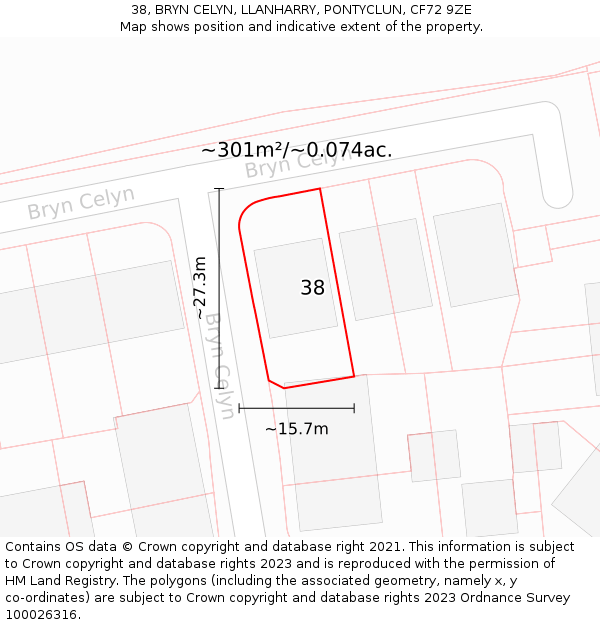 38, BRYN CELYN, LLANHARRY, PONTYCLUN, CF72 9ZE: Plot and title map
