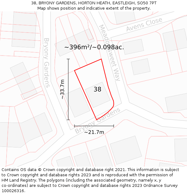 38, BRYONY GARDENS, HORTON HEATH, EASTLEIGH, SO50 7PT: Plot and title map