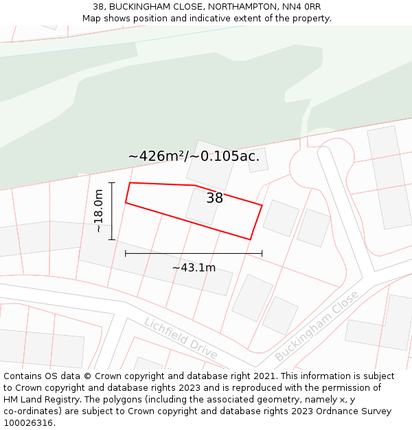 38, BUCKINGHAM CLOSE, NORTHAMPTON, NN4 0RR: Plot and title map