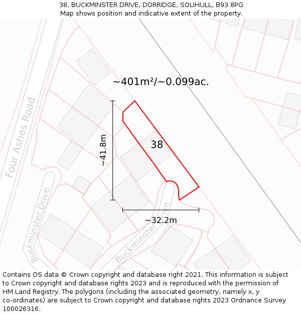 38, BUCKMINSTER DRIVE, DORRIDGE, SOLIHULL, B93 8PG: Plot and title map