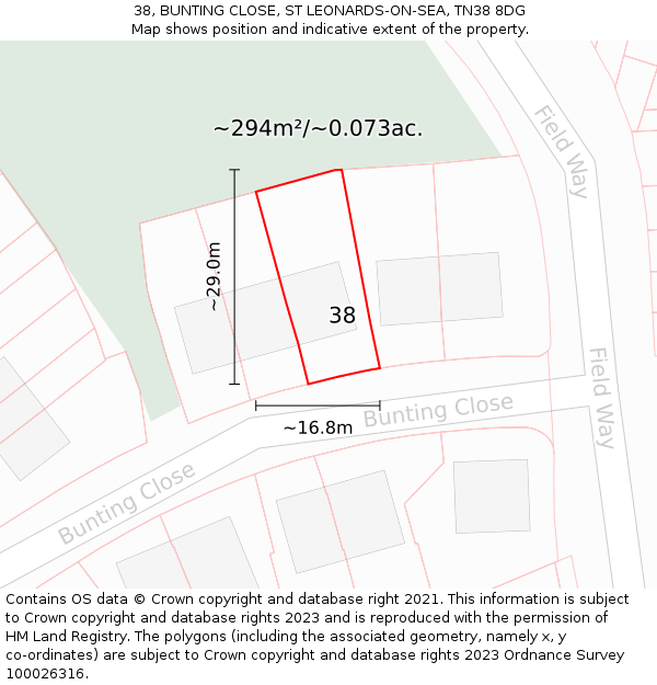 38, BUNTING CLOSE, ST LEONARDS-ON-SEA, TN38 8DG: Plot and title map