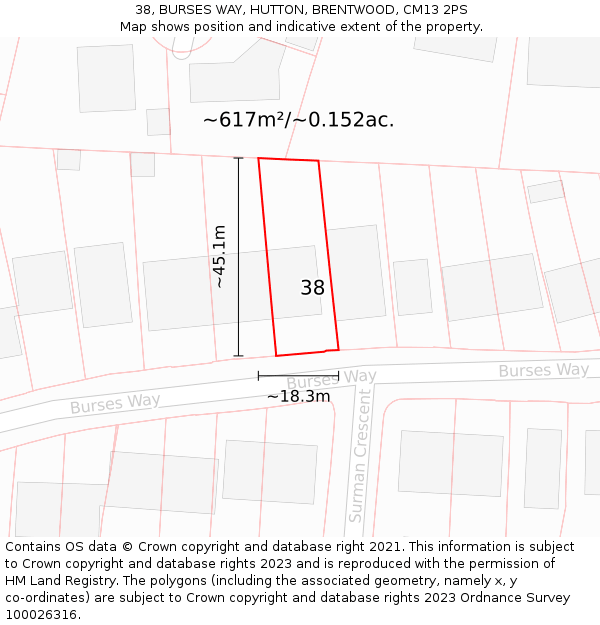 38, BURSES WAY, HUTTON, BRENTWOOD, CM13 2PS: Plot and title map