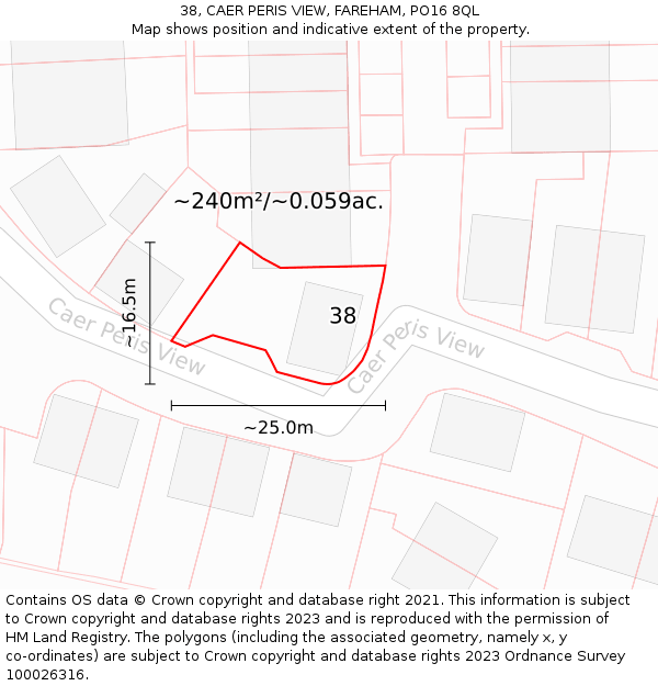 38, CAER PERIS VIEW, FAREHAM, PO16 8QL: Plot and title map
