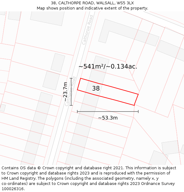 38, CALTHORPE ROAD, WALSALL, WS5 3LX: Plot and title map