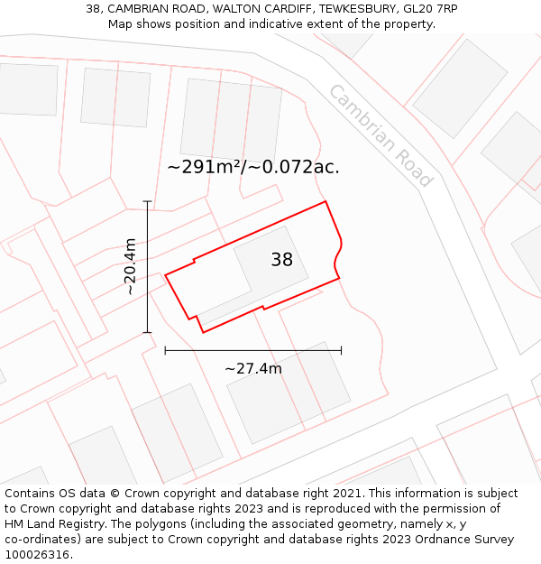 38, CAMBRIAN ROAD, WALTON CARDIFF, TEWKESBURY, GL20 7RP: Plot and title map