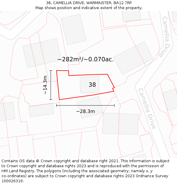 38, CAMELLIA DRIVE, WARMINSTER, BA12 7RP: Plot and title map