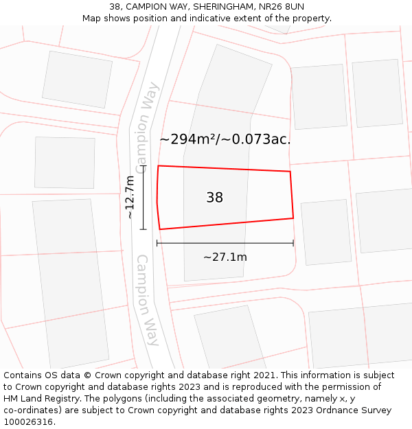 38, CAMPION WAY, SHERINGHAM, NR26 8UN: Plot and title map