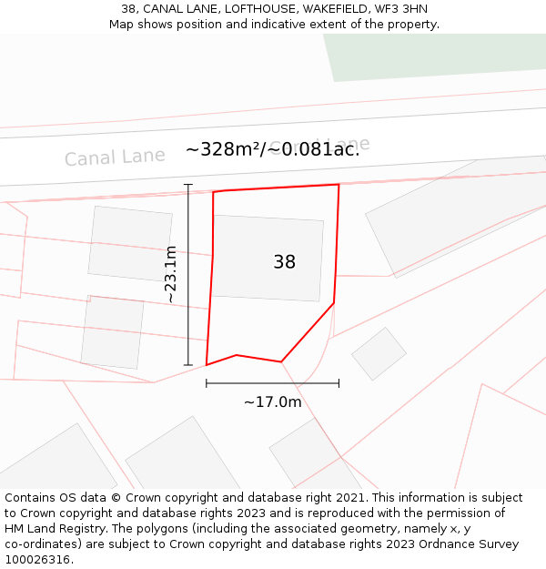 38, CANAL LANE, LOFTHOUSE, WAKEFIELD, WF3 3HN: Plot and title map