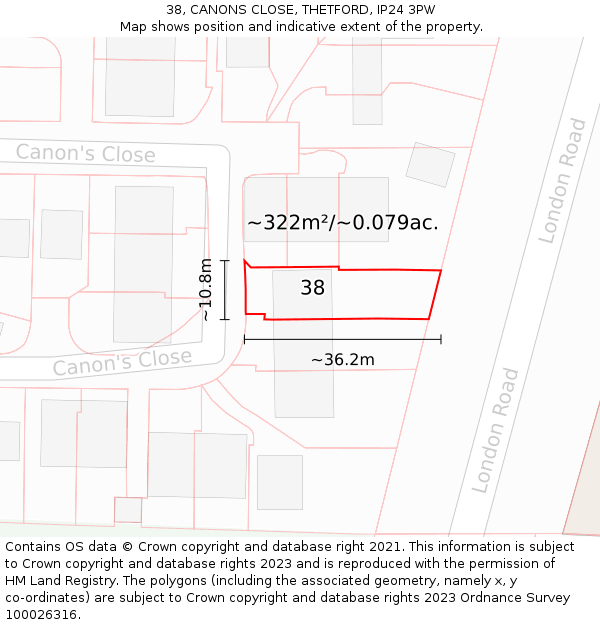 38, CANONS CLOSE, THETFORD, IP24 3PW: Plot and title map