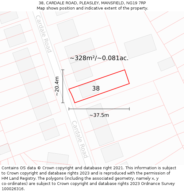 38, CARDALE ROAD, PLEASLEY, MANSFIELD, NG19 7RP: Plot and title map