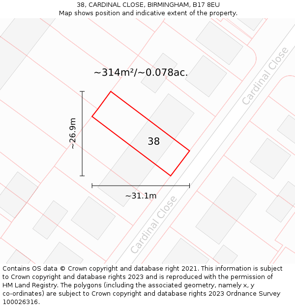 38, CARDINAL CLOSE, BIRMINGHAM, B17 8EU: Plot and title map