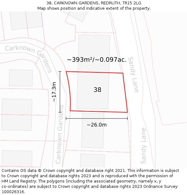 38, CARKNOWN GARDENS, REDRUTH, TR15 2LG: Plot and title map
