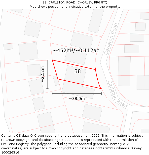 38, CARLETON ROAD, CHORLEY, PR6 8TQ: Plot and title map