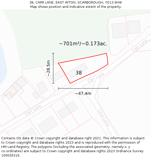 38, CARR LANE, EAST AYTON, SCARBOROUGH, YO13 9HW: Plot and title map