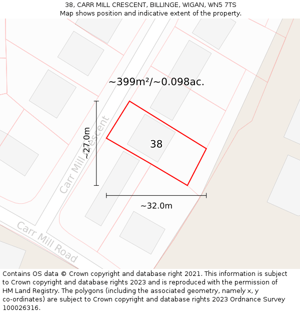 38, CARR MILL CRESCENT, BILLINGE, WIGAN, WN5 7TS: Plot and title map