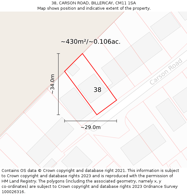 38, CARSON ROAD, BILLERICAY, CM11 1SA: Plot and title map