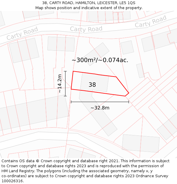 38, CARTY ROAD, HAMILTON, LEICESTER, LE5 1QS: Plot and title map